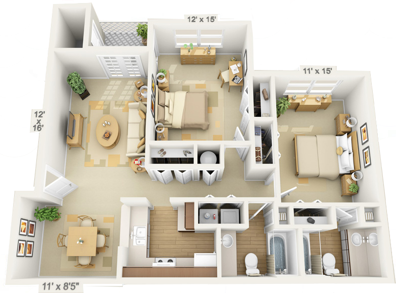 Floor plan for 2 beds, 2 baths, 1050 sqft